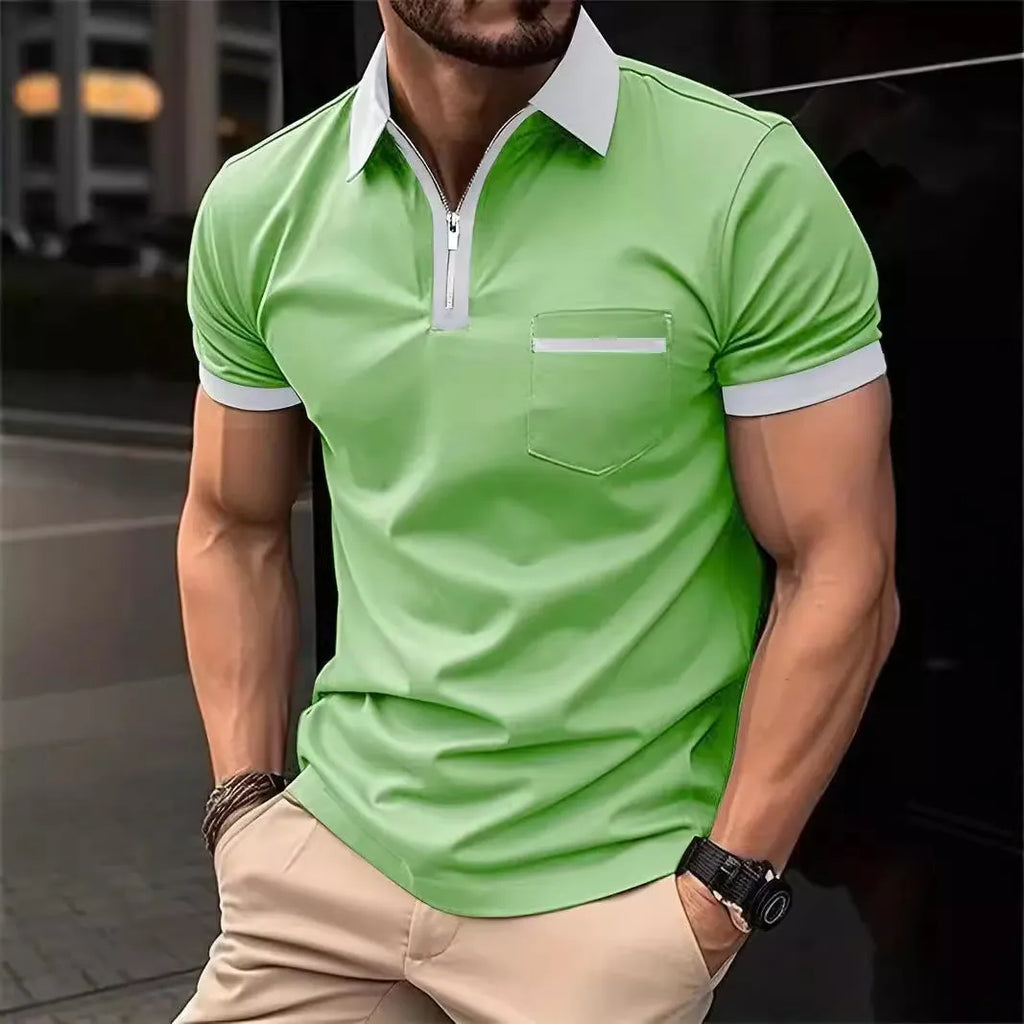 Men's loose fit short sleeve casual shirt with chest pocket and zip decoration detail.