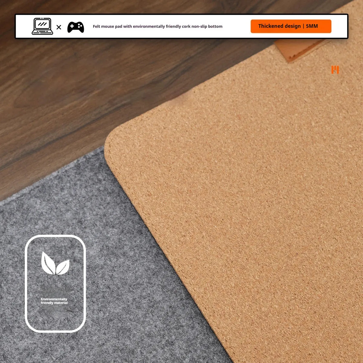 A winter warm felt cork office desk mat in a grey colour pattern, shown on a wooden desk with a mouse.
