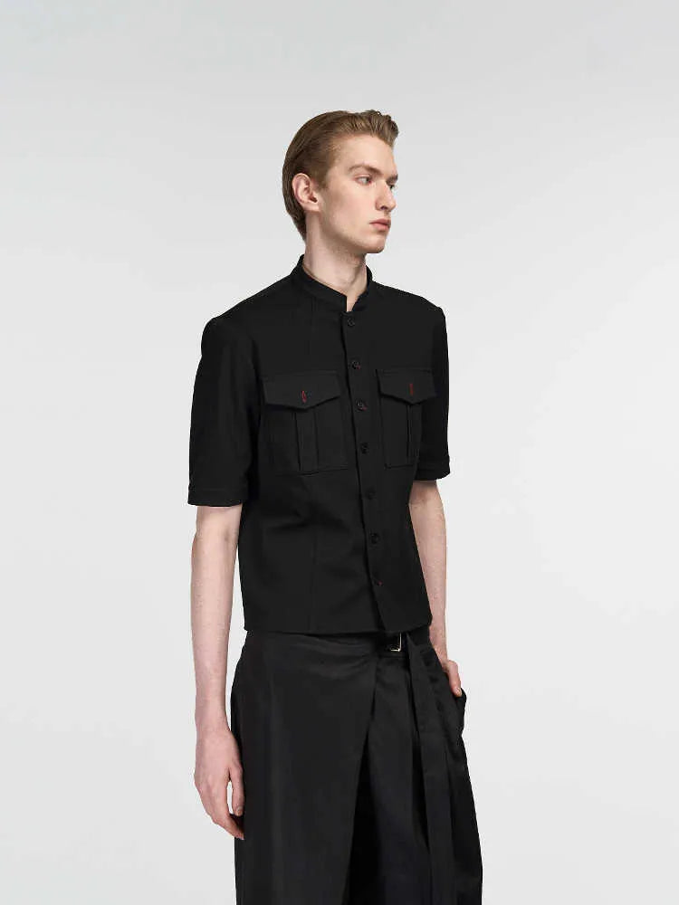 Handmade black hunting shirt with red eye pattern, half sleeves, and loose fit