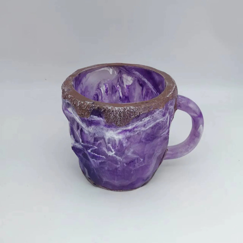 Clear resin mineral crystal coffee mug with handle in a blue colour, showing 400ml capacity.