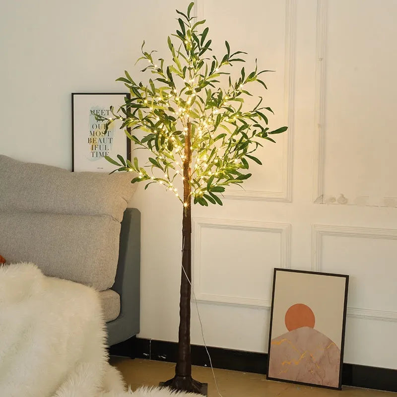 1.8 metre tall artificial olive tree lamp with warm white lights for holiday or garden decoration.