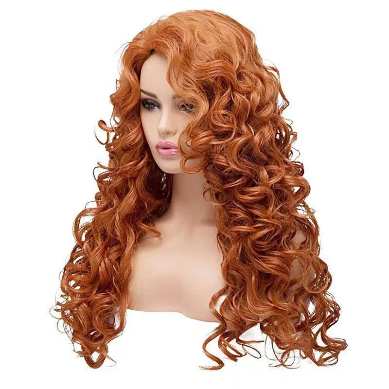 Brown long wavy curly synthetic wig for cosplay on a wig head.