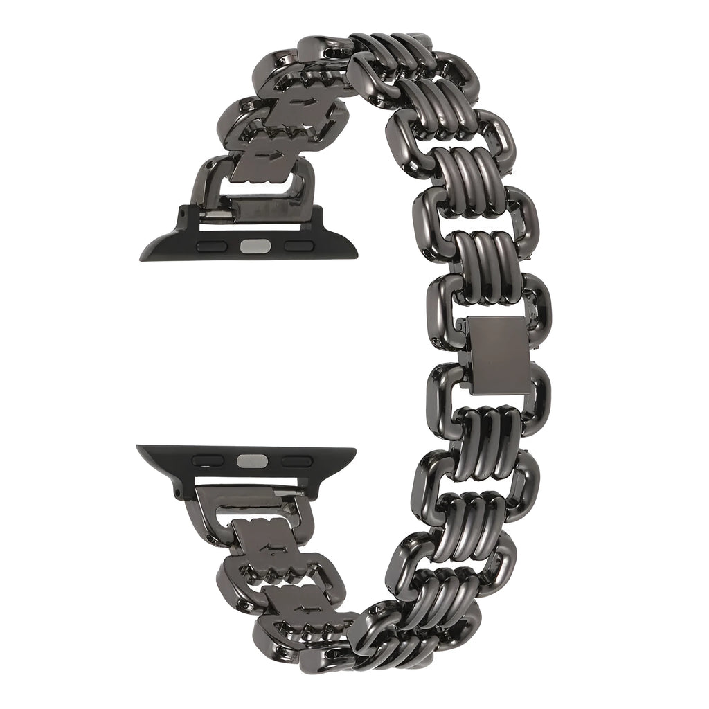 Alloy metal Apple Watch replacement bracelet in silver, black, gold, rose gold, and starlight colours with adjustable clasp.