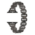 Alloy metal Apple Watch replacement bracelet in silver, black, gold, rose gold, and starlight colours with adjustable clasp.