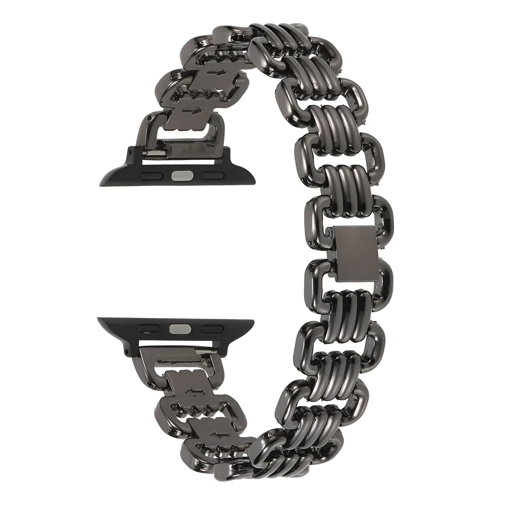 Alloy metal Apple Watch replacement bracelet in silver, black, gold, rose gold, and starlight colours with adjustable clasp.