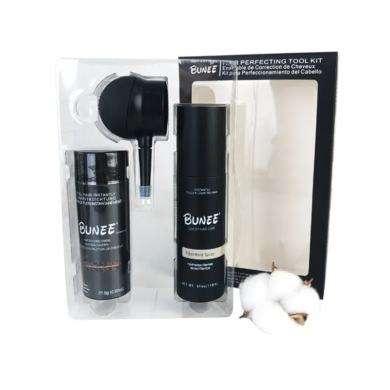Dense hair fibre powder 275g can with application nozzle and styling spray for men.