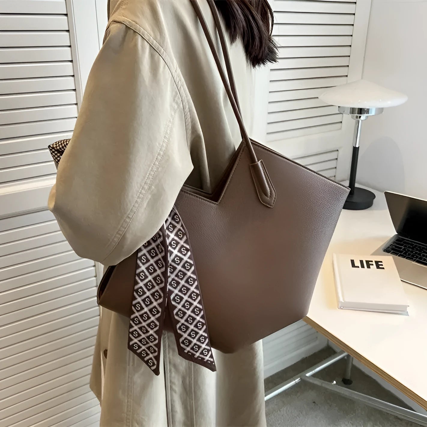 Large brown PU leather women's shoulder bag with square shape and top handle.