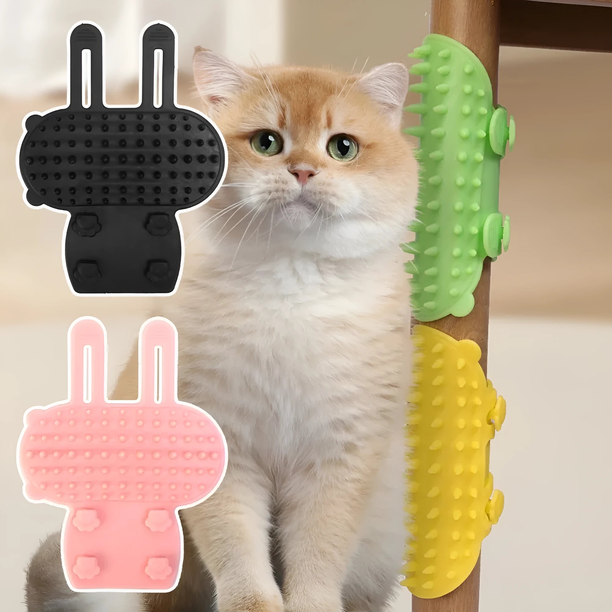 Silicone cat grooming comb with rounded teeth and adjustable strap in chosen colour