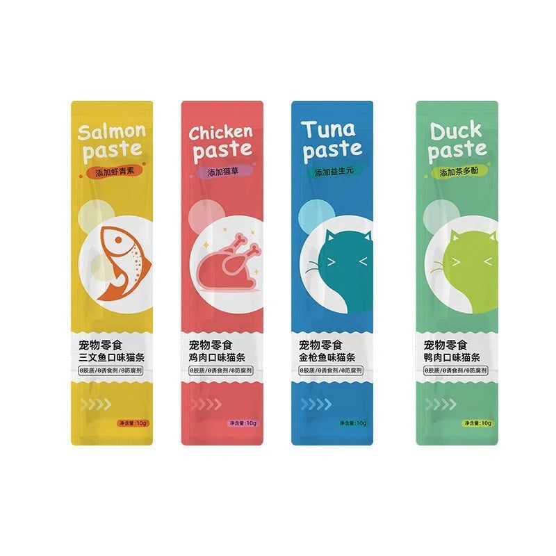 Pack of 10 cat strip snacks in four flavour varieties for feline nutrition