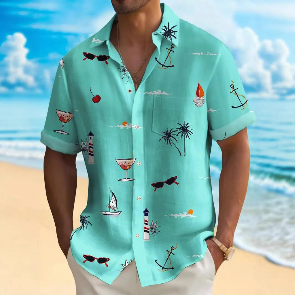 Men's loose fit Hawaiian shirt with digital printed pattern in multiple colour options