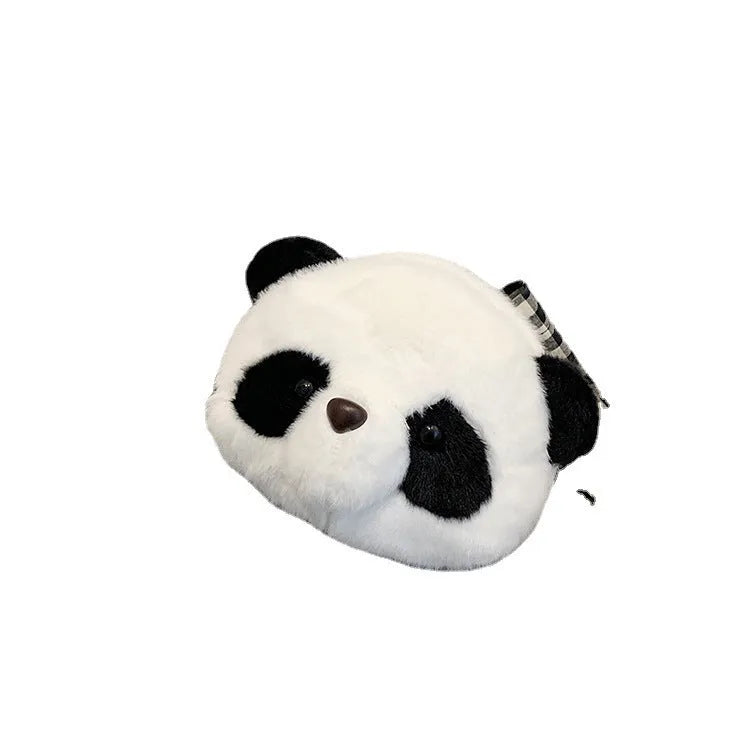 Cute plush crossbody bag with Panda Head design, cylindrical shape measuring 18cm