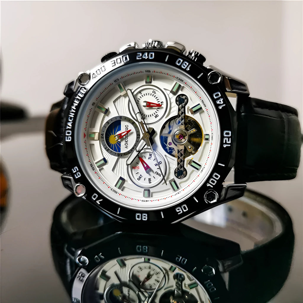 Men's automatic mechanical watch showing 12mm thickness with black steel, natural silver, and gold steel colour options