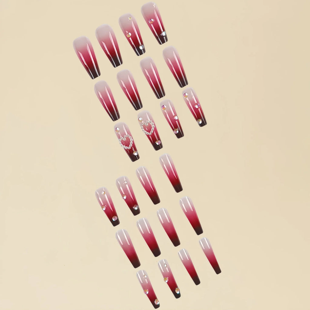 Wine red gradient fake nail tips with pearl heart design and plaid pattern