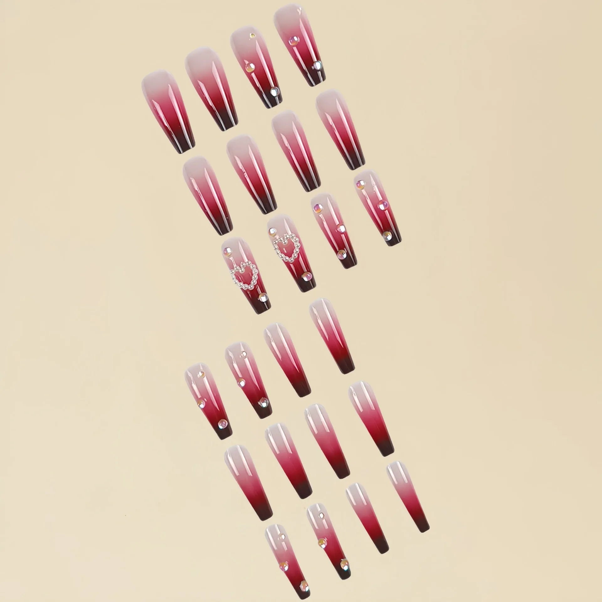 Wine red gradient fake nail tips with pearl heart design and plaid pattern