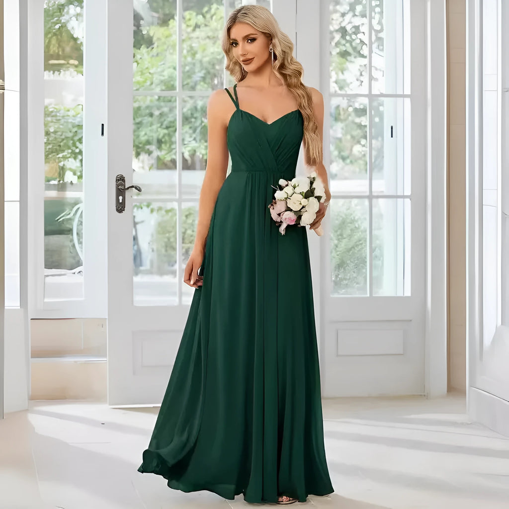 Women's sleeveless long A-line dress in polyester with pleated detailing, shown in light green colour