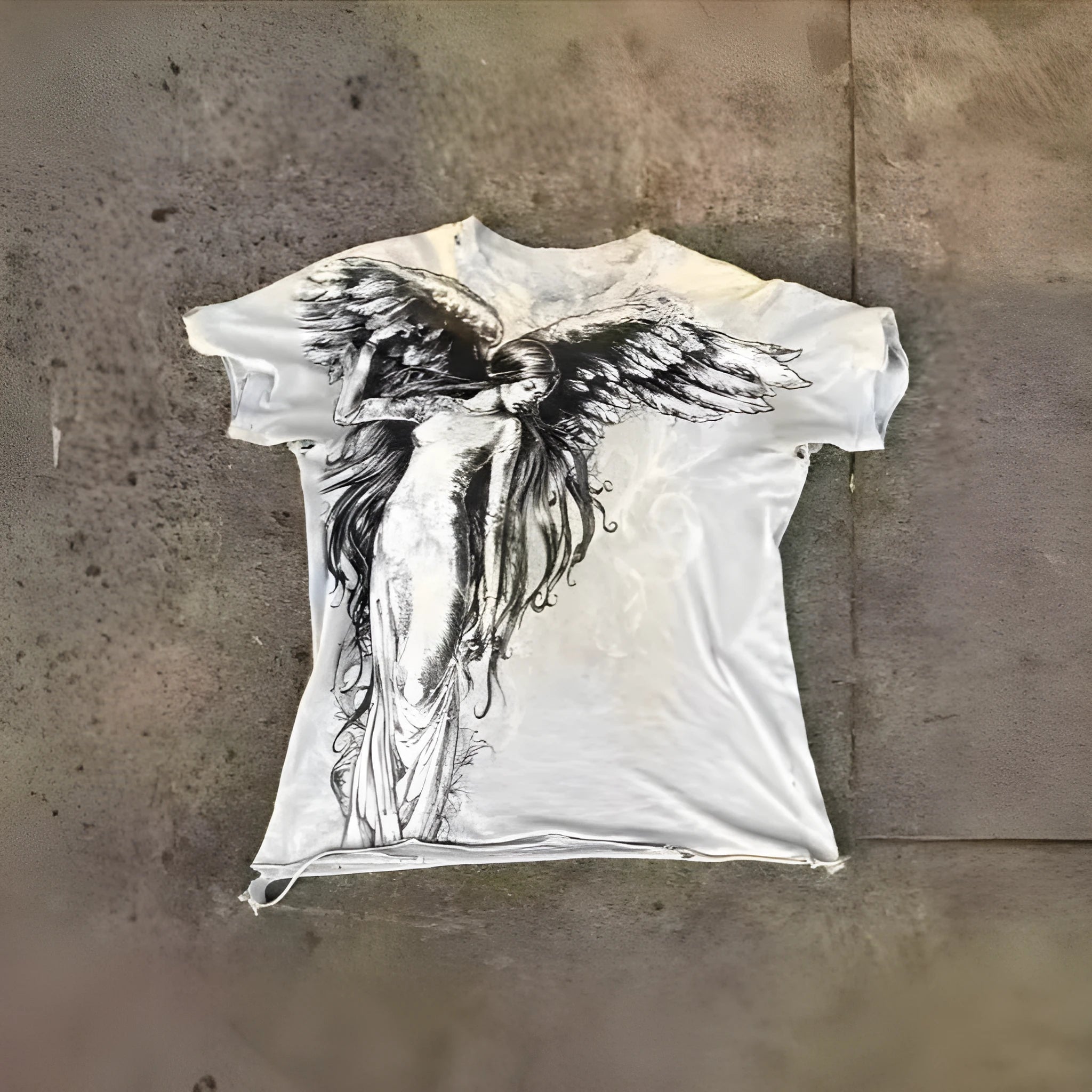 Men's grey gothic cartoon print short sleeve t-shirt laid flat.