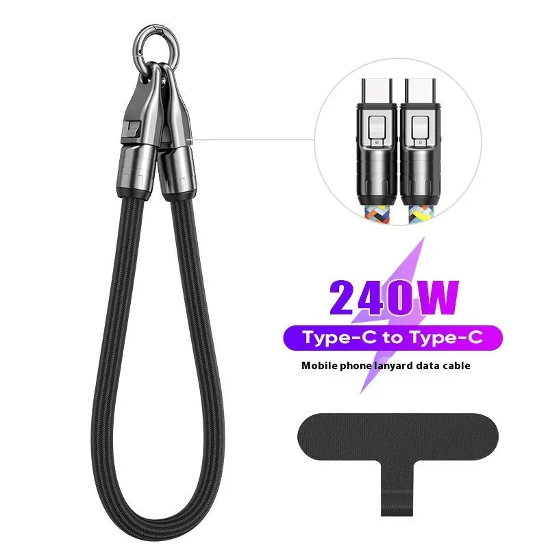 Black two-in-one lanyard data cable with Type-C plug and alloy connector