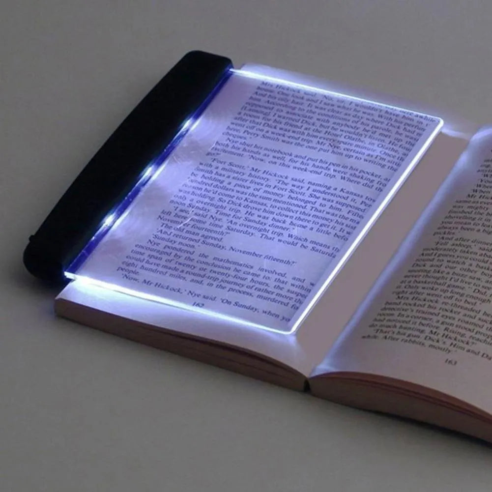 White flat-panel night vision reading lamp on a table, 14.8cm x 17.6cm x 1.5cm