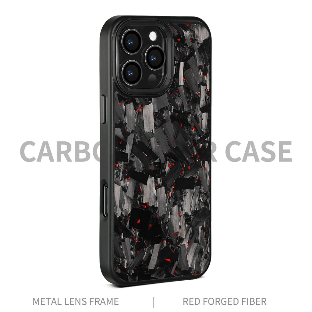 Black carbon fibre iPhone case with metal frame showing magnetic ring and precise camera cutouts