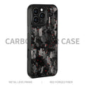 Black carbon fibre iPhone case with metal frame showing magnetic ring and precise camera cutouts
