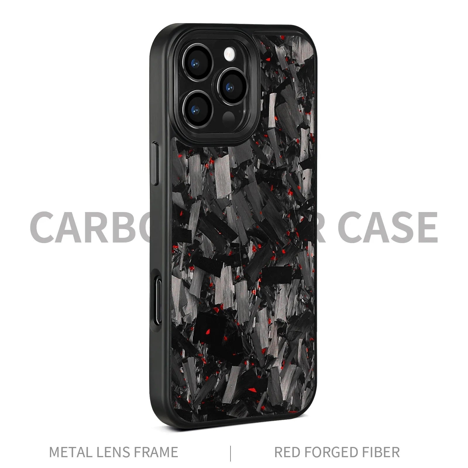 Black carbon fibre iPhone case with metal frame showing magnetic ring and precise camera cutouts