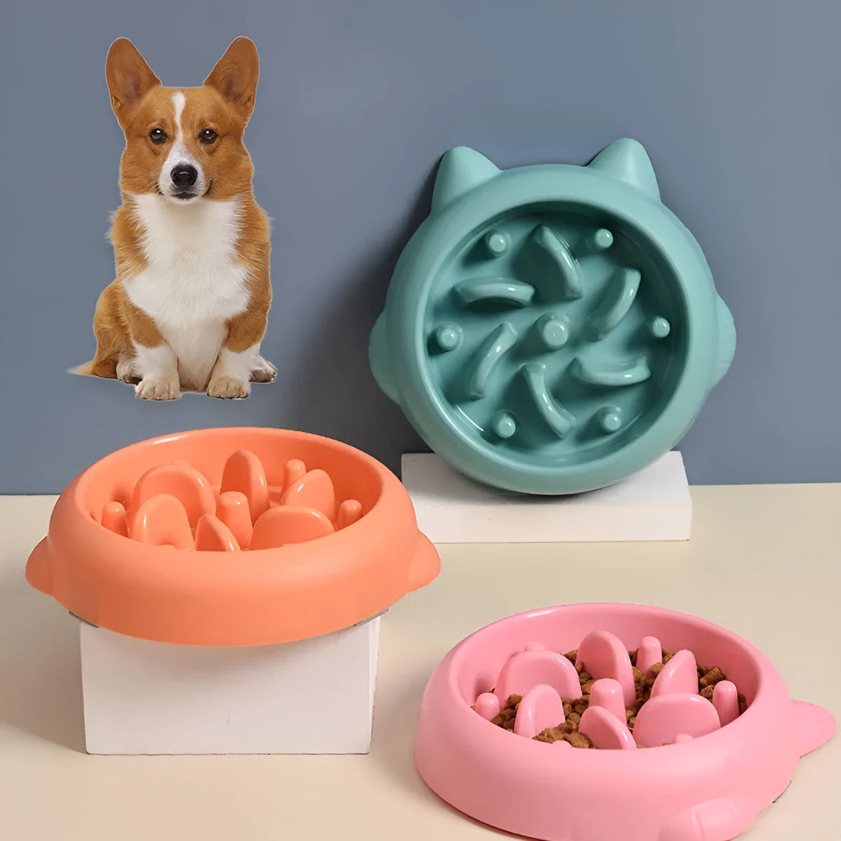 Green bone-shaped slow feeder dog bowl with internal ridges for anti-gulping feeding.