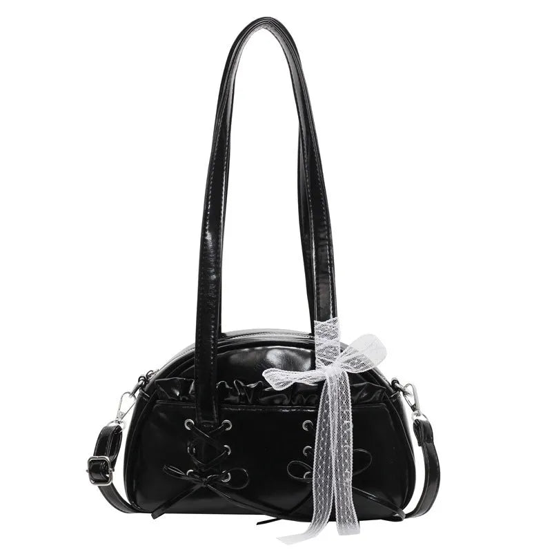 Women's PU leather bandage bow handbag shoulder bag with phone pouch in milky white colour