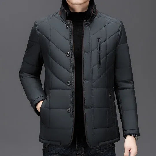 Men's dark blue polyester winter coat with side seam pockets on a hanger
