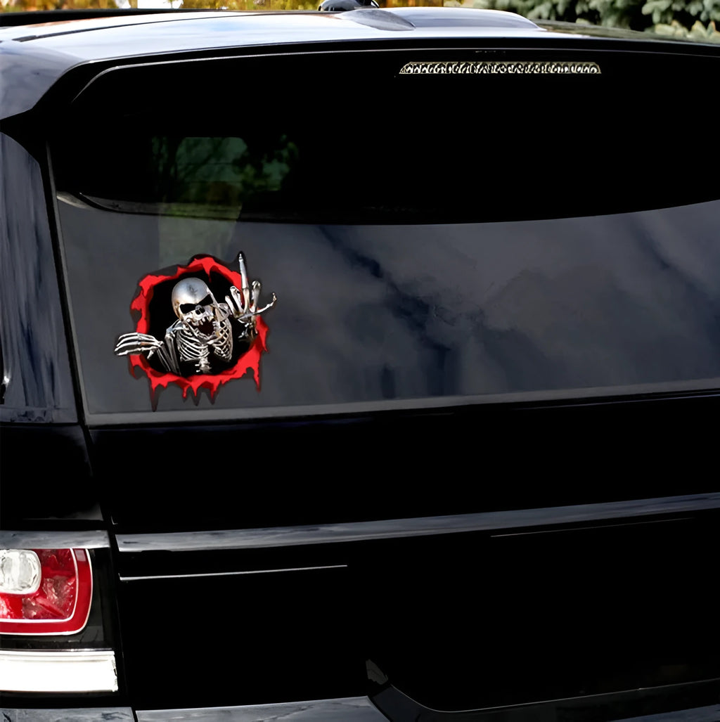 Colourful reflective metal skull bumper sticker with broken shell design measuring 15 by 14 centimetres