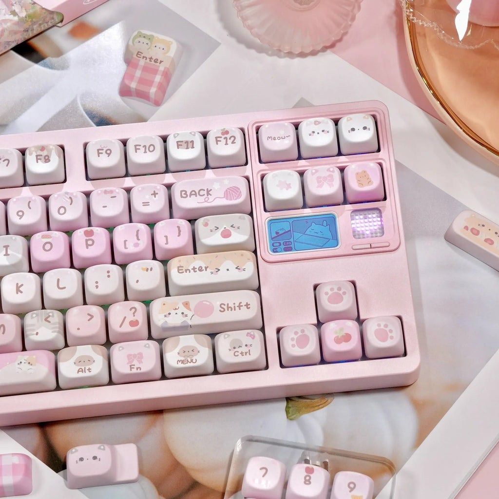Pink cartoon style MOA height sublimation key cap set for mechanical keyboards.