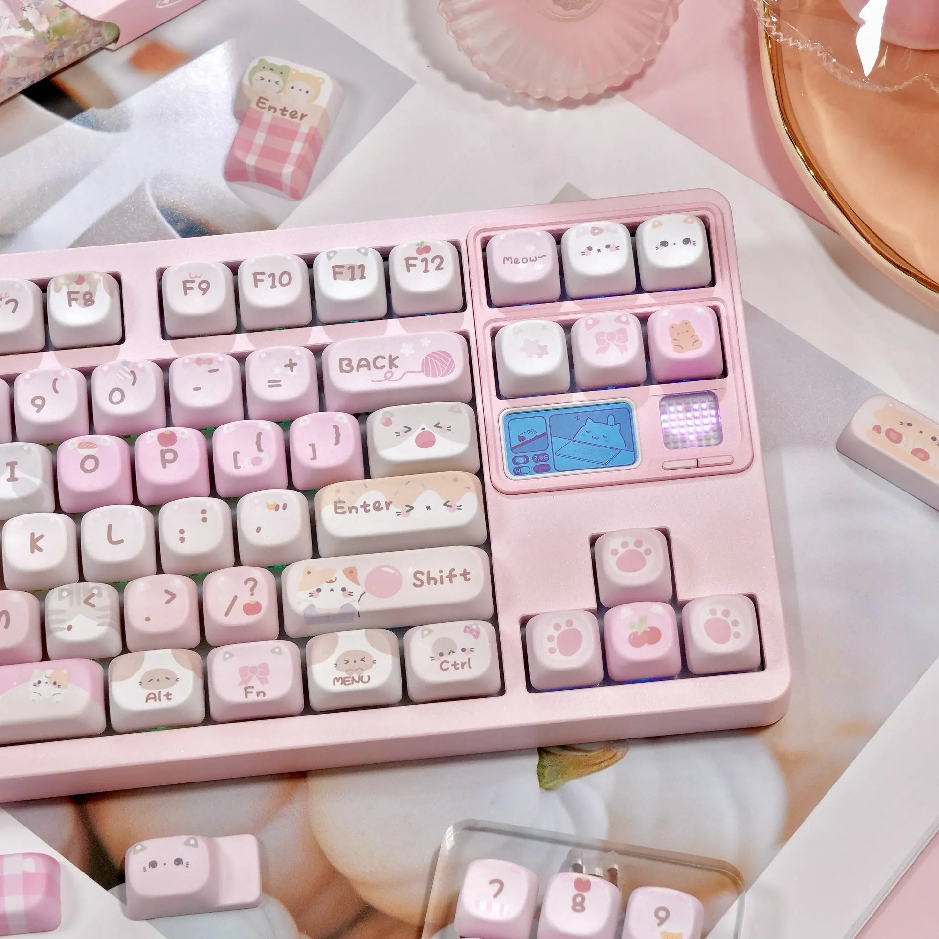 Pink cartoon style MOA height sublimation key cap set for mechanical keyboards.