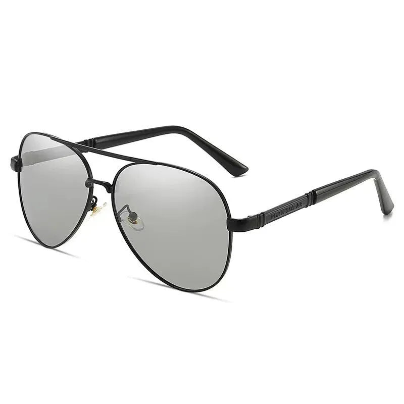 Men's polarised sunglasses with a gold metal frame and grey lenses featuring dragon and phoenix decoration.