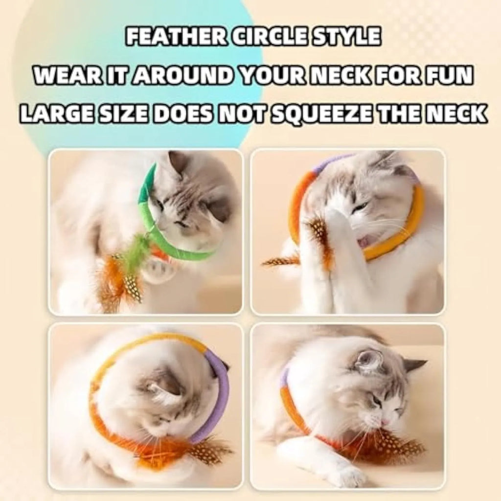 Green circular cotton rope cat toy with feathers attached, measuring 25cm diameter