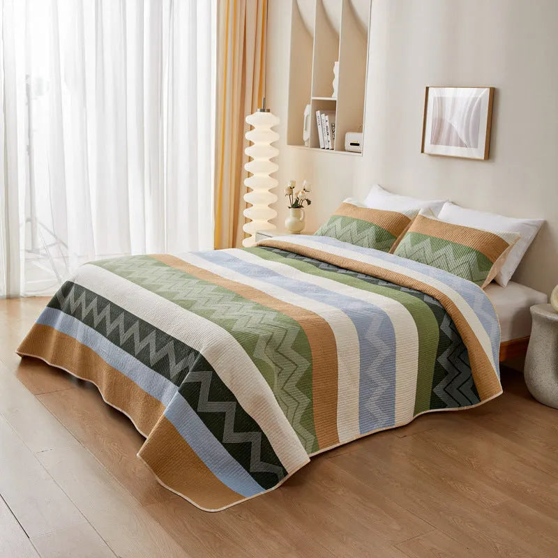 Pure cotton printed bed sheet set in a modern design for a 2.2 metre bed, showing two size options.