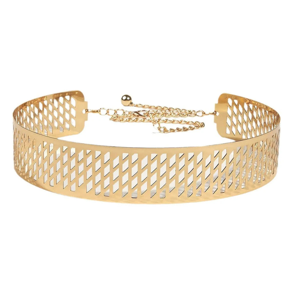 Iron Waist Seal fashion belt with golden lantern head flower design, 4.5cm wide, gold colour.