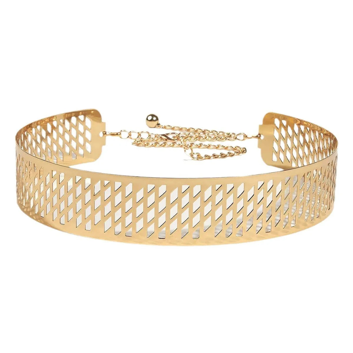 Iron Waist Seal fashion belt with golden lantern head flower design, 4.5cm wide, gold colour.