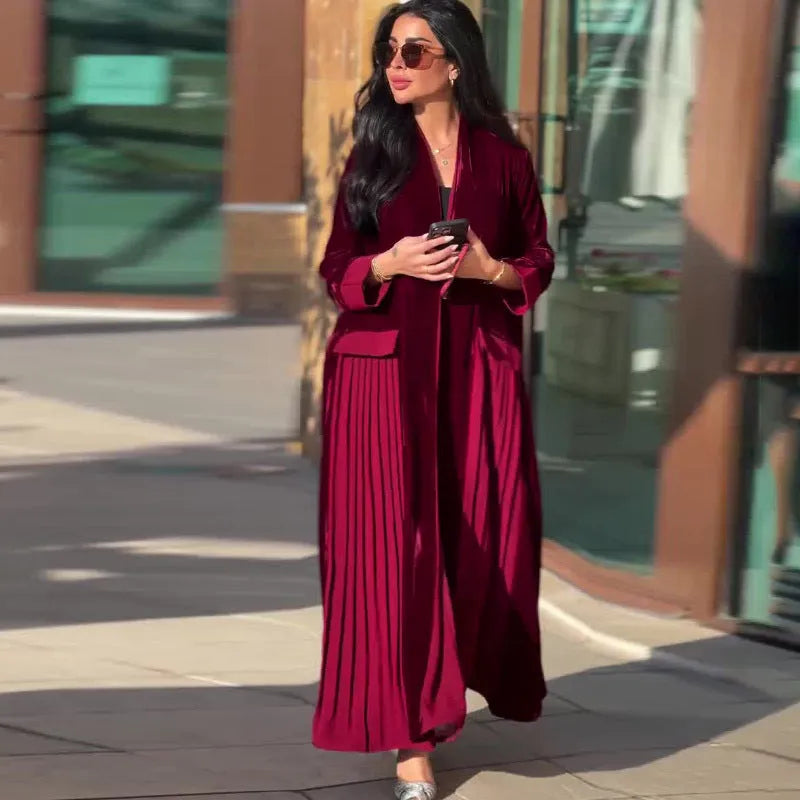 Women's wine red pleated stitching coat with long sleeves, street hipster style, sizes S to XXL.