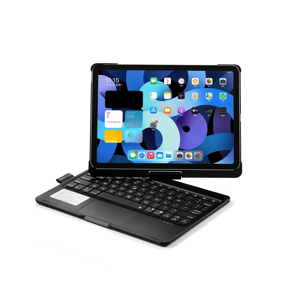 Black Bluetooth keyboard with rotating iPad stand and backlit keys next to an iPad.
