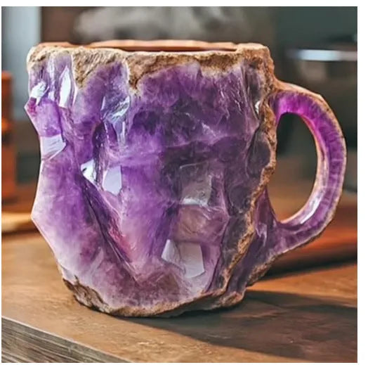 Clear resin mineral crystal coffee mug with handle in a blue colour, showing 400ml capacity.