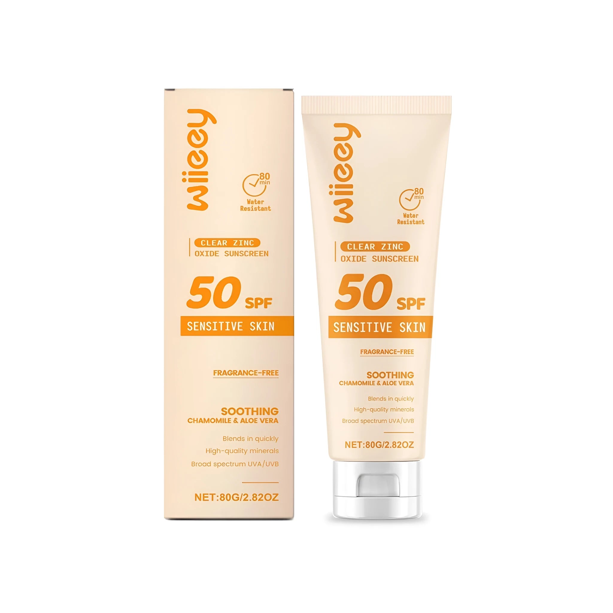 80g tube of zinc oxide and titanium dioxide mineral sunscreen cream with aloe vera