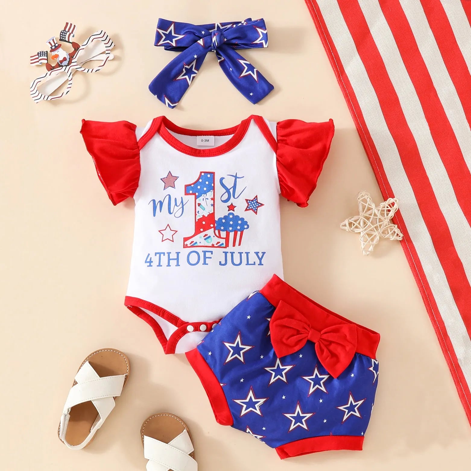 Baby sleeveless shorts suit three-piece set in blue and red, knitted polyester, with matching headscarf for infants 0-18 months