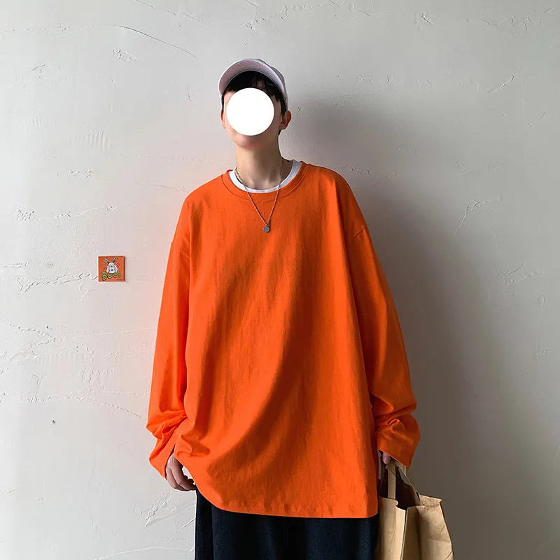 Men's pure cotton long sleeve T-shirt, O-neck, loose fit, plain design, available in sizes S to 5XL and multiple colours.
