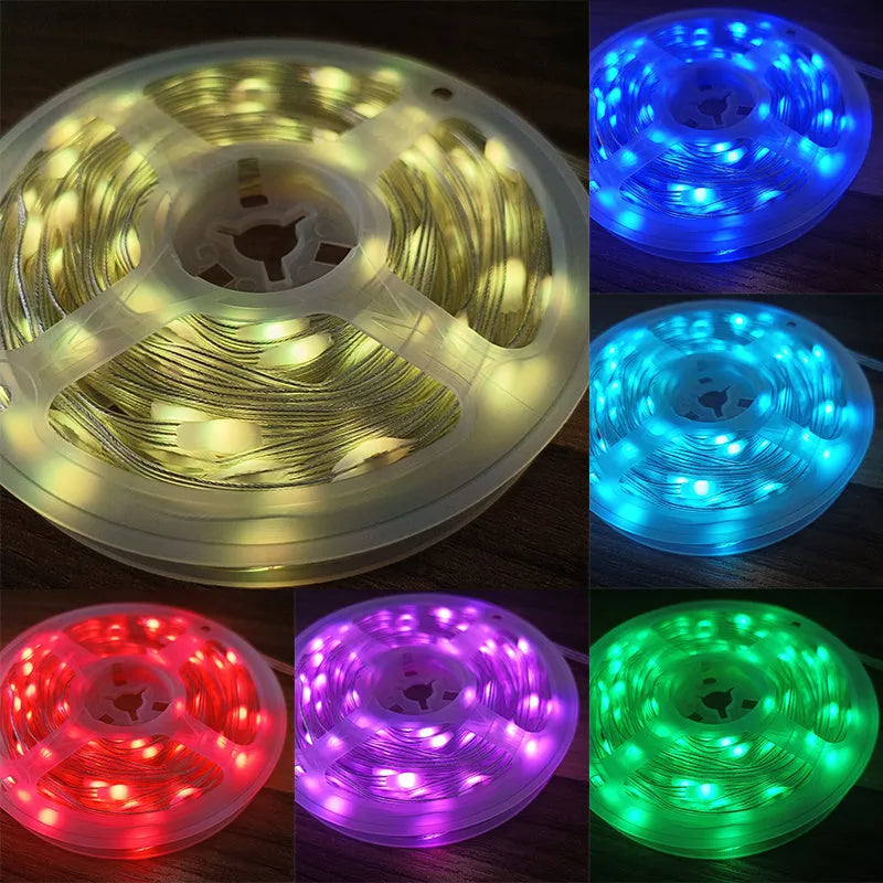 10-metre long multi-colour LED decorative light string with remote control on a white background