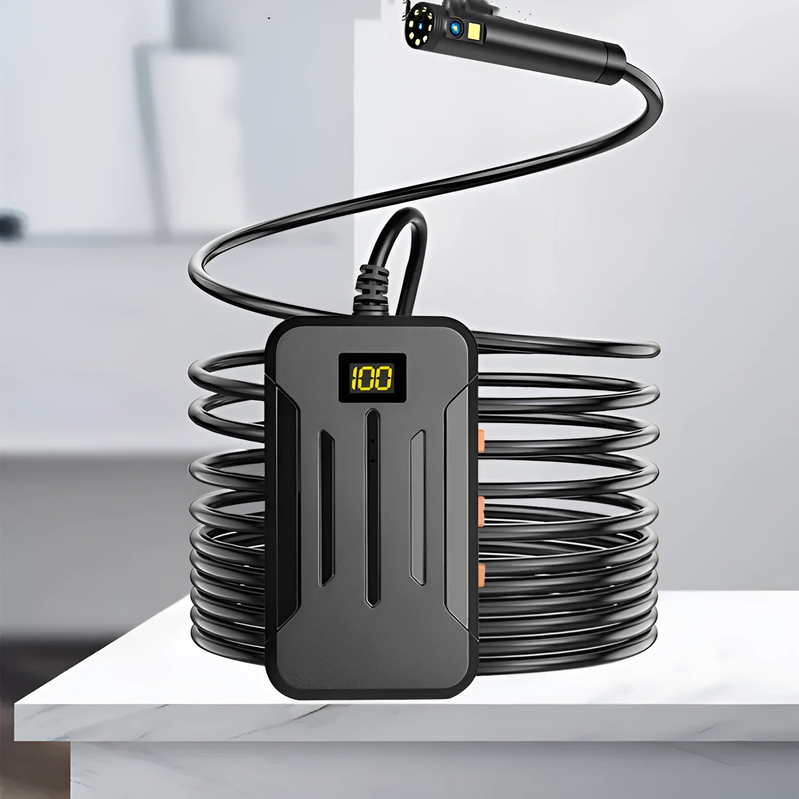 Wi-Fi dual lens wireless endoscope with 5.5mm and 8mm waterproof probe options and accessories.