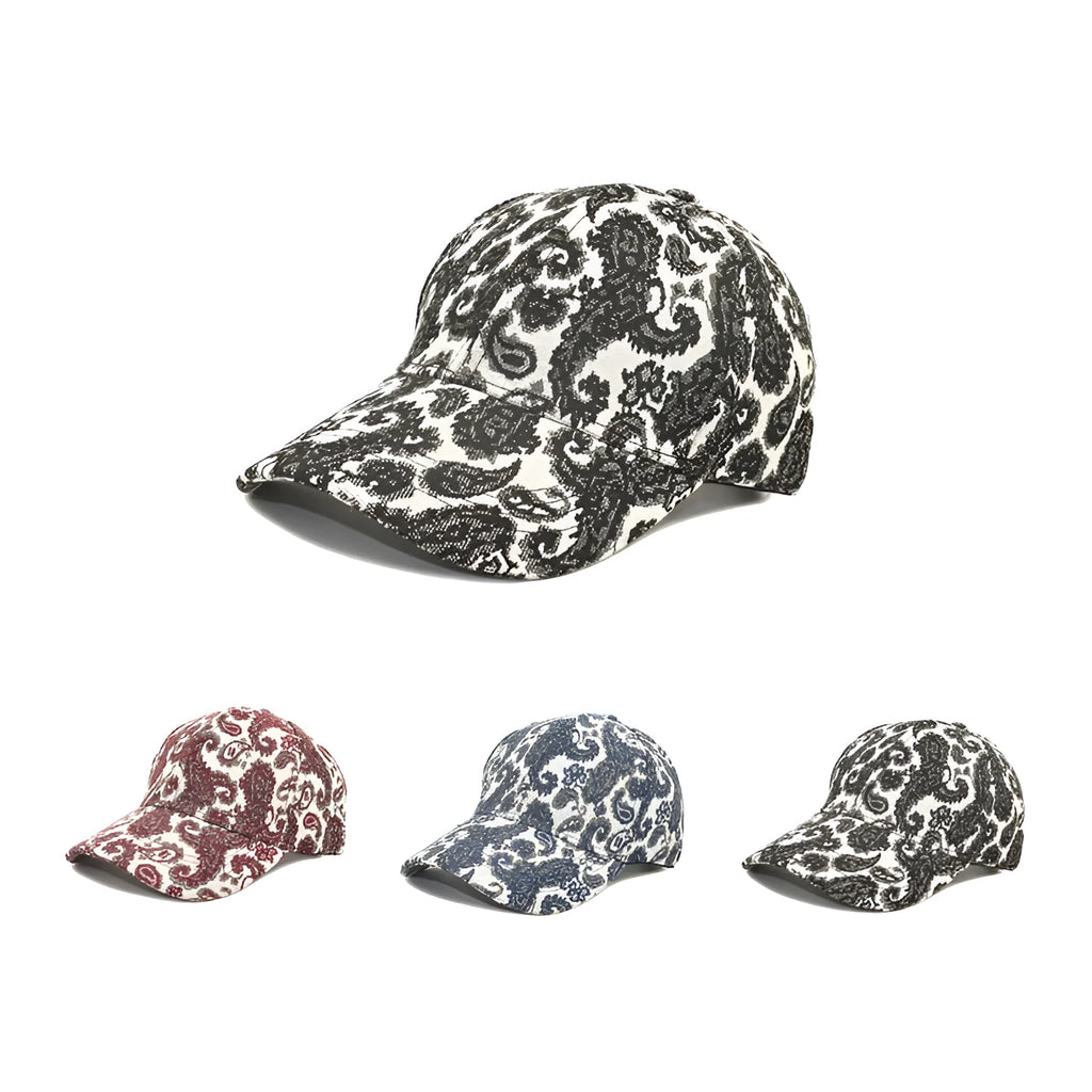 Polyester baseball cap with printed paisley pattern in blue, showing dome crown construction