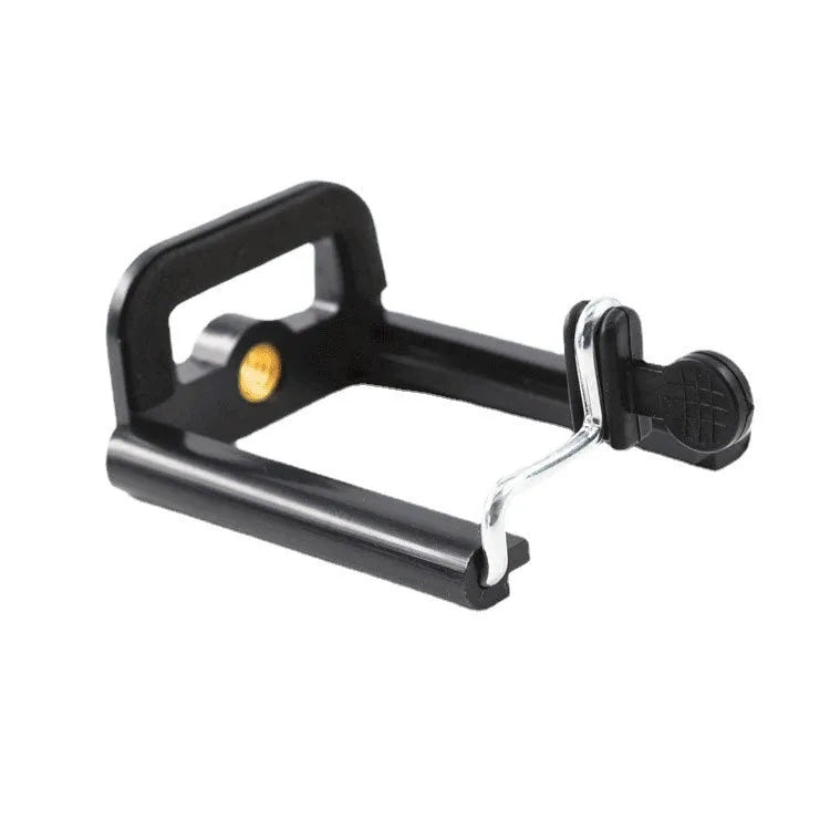 Black plastic U clip mobile phone holder with flexible hose arm for car dashboard mounting.