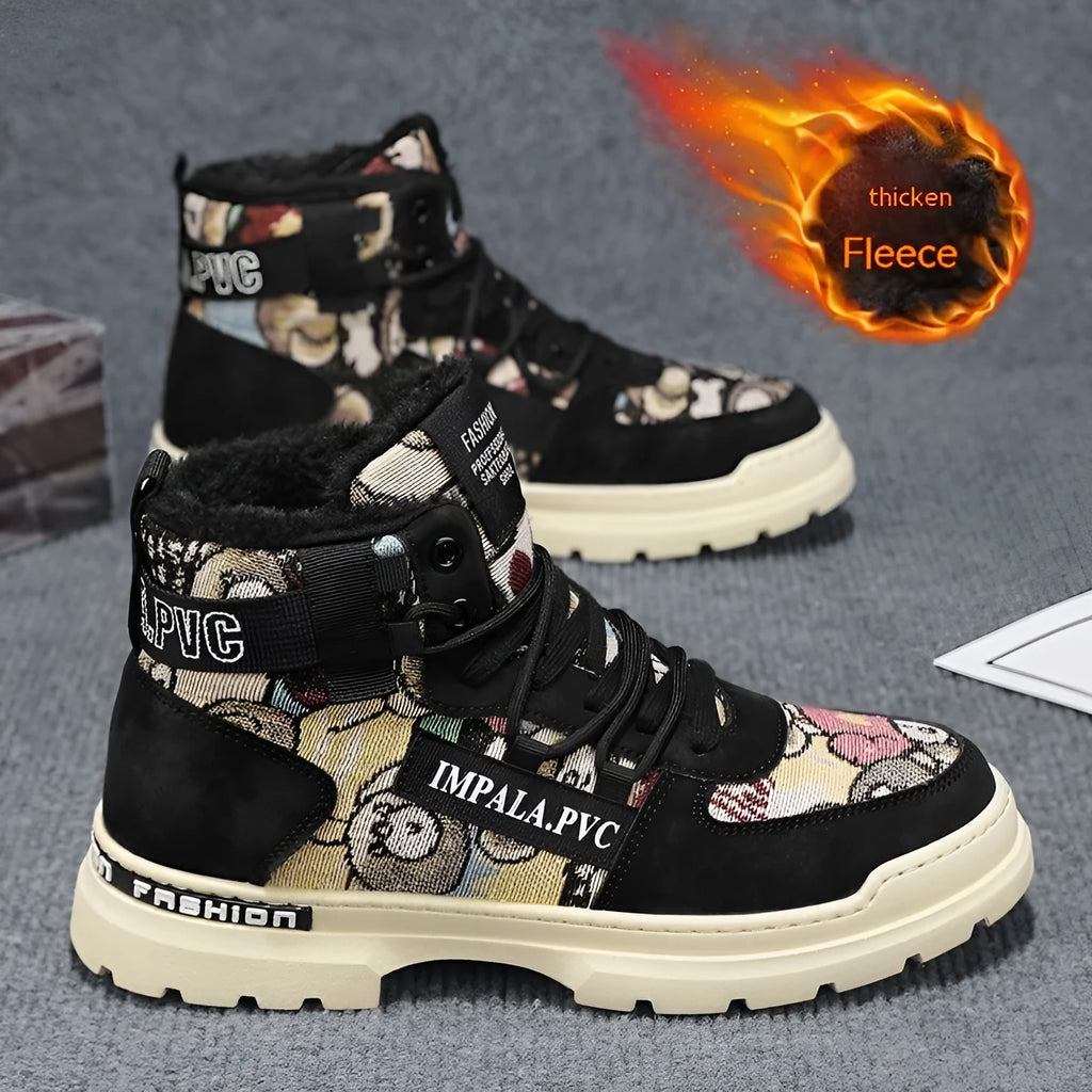 Fleece-lined men's Martin boots in beige Black with chunky heel, high-top shaft, and front lace-up closure