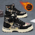 Fleece-lined men's Martin boots in beige Black with chunky heel, high-top shaft, and front lace-up closure