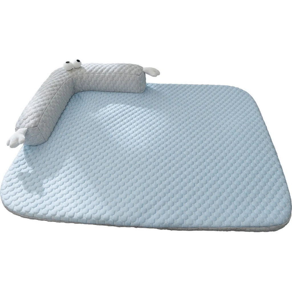 Blue big-eyed monster design pet bed for dogs and cats on a wooden floor.