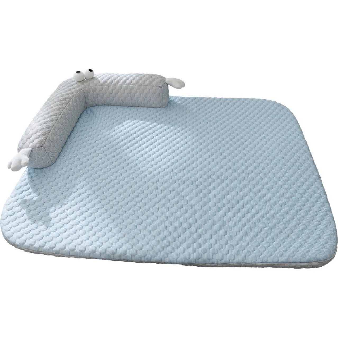 Blue big-eyed monster design pet bed for dogs and cats on a wooden floor.